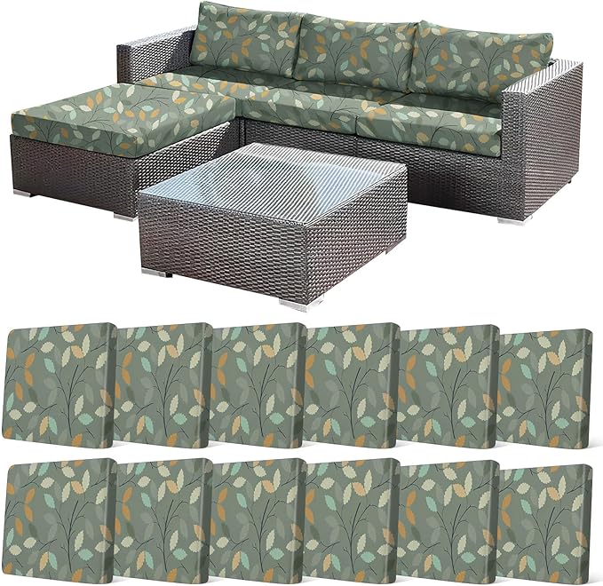 CALBODE 12Pcs Stretch Patio Cushion Cover for Autumn, Couch & Sofa Slipcovers for Patio Furniture Cushions Washable Reusable Couch Covers Replacement Fall Home Decor (Green Leaf Printed, Cover Only)