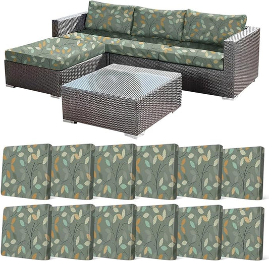CALBODE 12Pcs Stretch Patio Cushion Cover for Autumn, Couch & Sofa Slipcovers for Patio Furniture Cushions Washable Reusable Couch Covers Replacement Fall Home Decor (Green Leaf Printed, Cover Only)