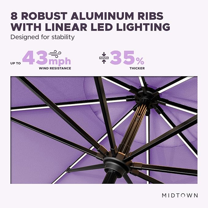 Midtown Umbrellas The LED Swilt 9 Feet Patio Umbrella With Terylast Midtown Purple Polyester Fabric - Auto-Tilt Aluminum Frame With LED Lights For Backyard, Deck, Garden, Pool - Black Pole