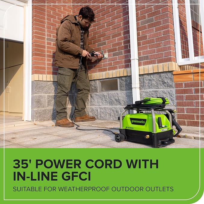 Greenworks 2100 PSI (1.2 GPM) Electric Pressure Washer (25°, 40°, Turbo Nozzle, Soap Applicator) for Use On Decks, Fences, Concrete Patios, Sidewalks & More. Medium-Duty