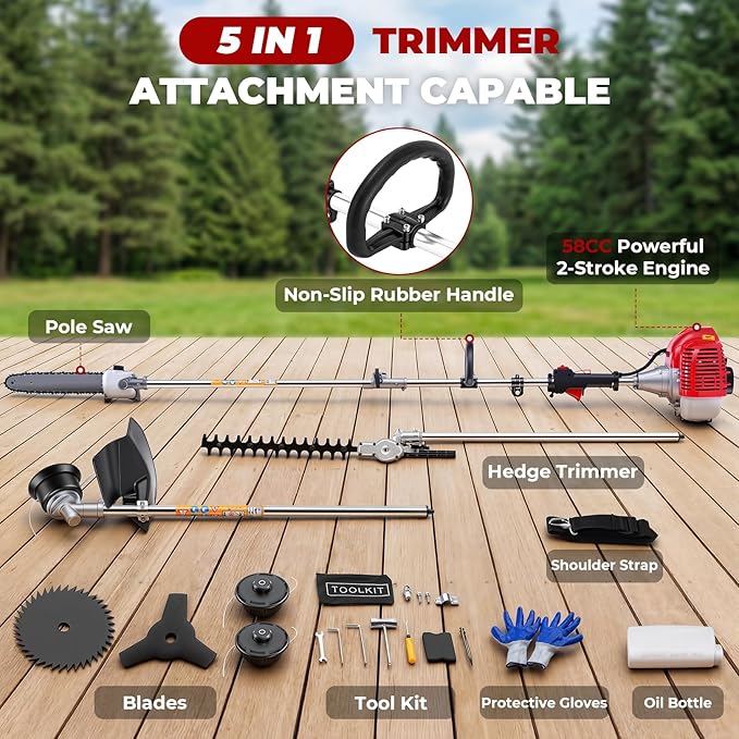 COOCHEER 58CC Gas Powered Weed Wacker, 5-in-1 Multi-Function String Trimmer, Brush Cutter, Hedge Trimmer, Edger, and Pole Chainsaw, 2-Cycle Gas Powered Garden Multi-Tool for Lawn Care