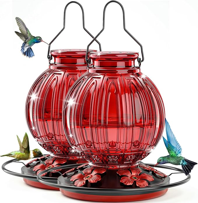 2 Pack Glass Hummingbird Feeder for Outdoors Hanging, Bird Nectar Feeder with Perch & 5 Flower Feeding Ports, 26 Oz Leak Proof for Outside Garden Decor Backyard, Gifts for Women Mom, Red