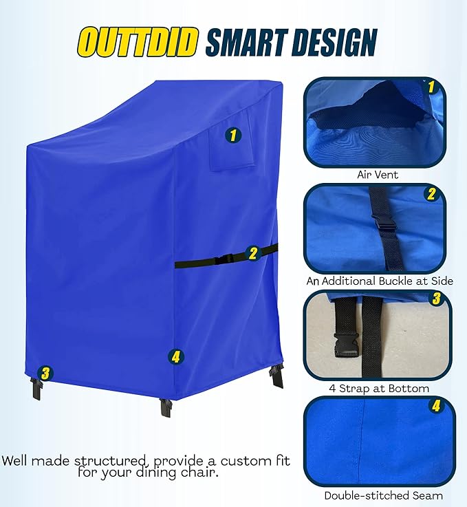 Stackable Patio Chair Cover - 600D High Back Outdoor Chair Cover Waterproof & Heavy Duty, 1 Pack Lawn Furniture Stacking Seat Cover for 4-6 Outdoor Stackable Dining Chairs - 28 x 36 x 47 Inch