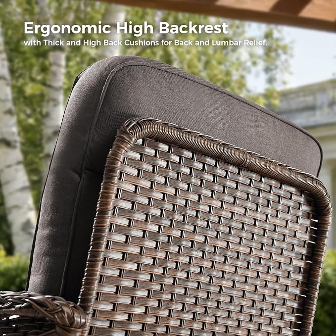 Luxury Patio Furniture Set with 6-inch Thick Cushions, Outdoor Furniture Set with High Back Swivel Chairs, 5 PCS Wicker Outdoor Conversation Set for Porch, Patio, Yard, Deck, Poolside, Brown/Grey