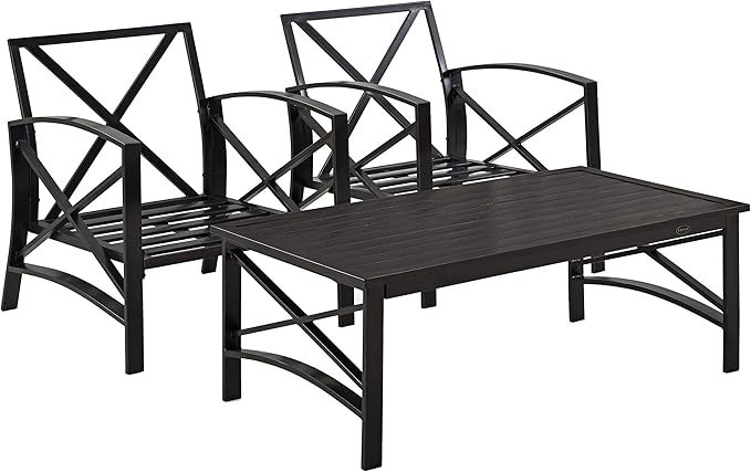 Crosley Furniture Kaplan 3-Piece Outdoor Chair and Coffee Table Set, Wicker Patio Conversation Sets for Deck, Oiled Bronze with Mist Cushions