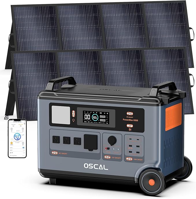 Powermax 6000W(9000W Peak) Portable Solar Power Station, 3600Wh LiFePO4 Battery with 2x400W Solar Panels, 1.6H Fast 2400W Solar Charging Generator for Camping, RV, Home Backup, Emergency