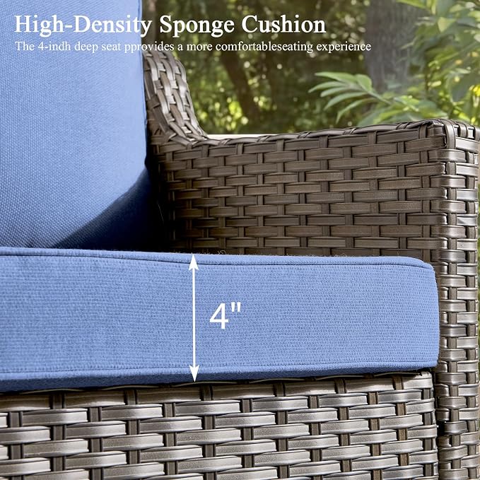 Luxury Patio Furniture Sofa Set - 8 Pieces All Weather Wicker Outdoor Couch and High Back Swivel Rocker Patio Chairs with fire Pit for Deck Yard and Poolside Gray Wicker | Blue Cushions