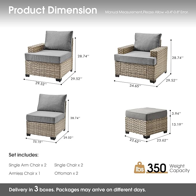 Outdoor Sectional Patio Furniture Set,7 Pieces All Weather Rattan Wicker Conversation Sets,Out Door Furniture with Ottoman Single Chair,Dark Grey