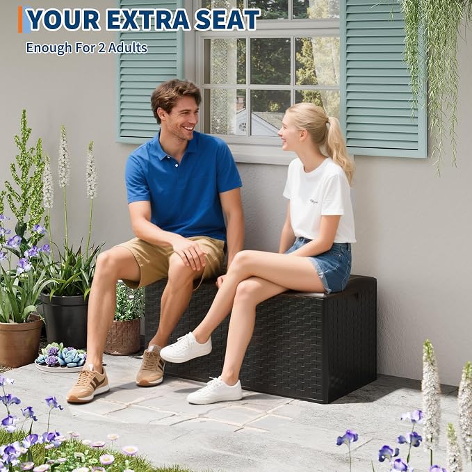 IDEALHOUSE 99 Gallon Deck Box, Waterproof Outdoor Storage Box with Lockable Lid, Heavy-Duty Resin Patio Furniture Cushion Storage Container for Garden, Backyard and Poolside, Black