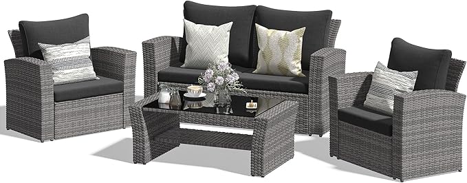 4-Piece Outdoor Patio Furniture Set, All Weather Wicker Rattan Sectional Sofa Conversation Seating Set with Cushions & Large Glass Coffee Table, Ideal for Garden Backyard Porch, Dark Grey