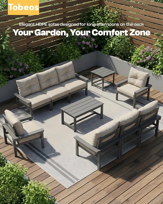 HDPE 4 Piece Patio Furniture Set, All-Weather Outdoor Couch with Thick Cushions & Coffee Table & Side Table, Patio Conversation Sets for Lawn, Garden, Porch, Balcony, Deck, Poolside,Grey Beige