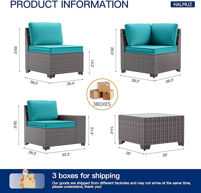 6 Pieces Patio Furniture Sets with Glass Tea Table,PE Rattan Wicker Patio Conversation Set with Washable Cushions,Outdoor Patio Sectional Furniture Set for Backyard, Poolside, Garden,Blue