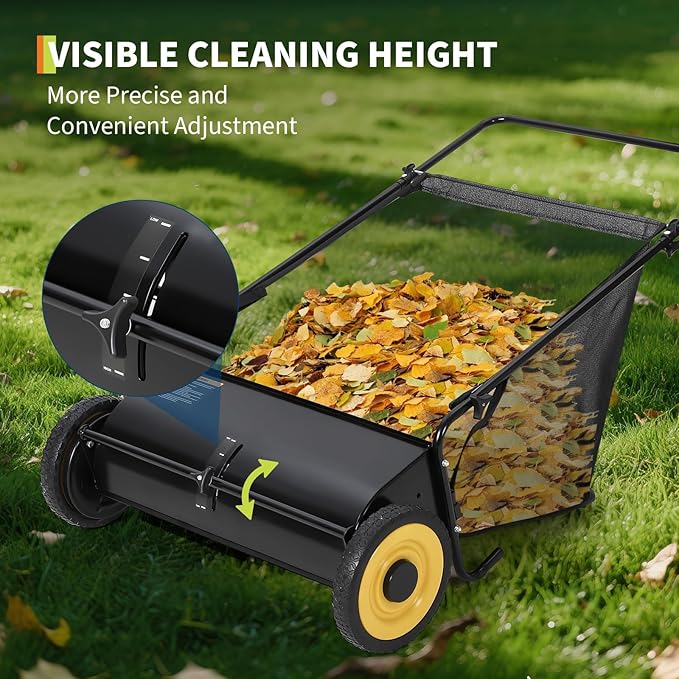 Takywep 26-Inch Push Lawn Sweeper, Anti-Rust Steel Frame, 4 High-Density Brushes, Adjustable Height, 7 Cu.Ft Collection Bag, Black with Wheel Covers & Yellow Crossbar for Yard Debris