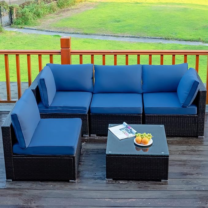 Tangkula 5 Pieces Patio Furniture Set, All Weather Wicker L-Shaped Corner Sofa Set w/Soft Cushions, Outdoor Sectional Conversation Couch Set w/Glass Table for Backyard Garden Poolside (Navy Blue)