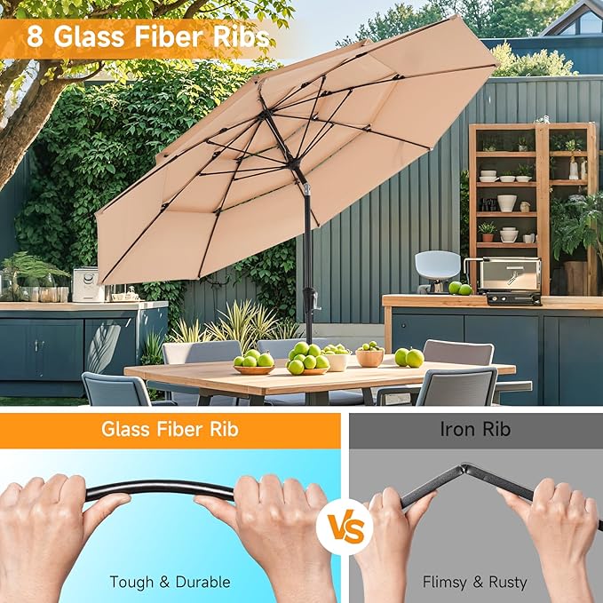 10 FT Patio Umbrella, 3 Tier Outdoor Table Umbrella with 8 Sturdy Glass Fiber Ribs and Push Button Tilt, Outdoor Patio Umbrellas for Market Pool Garden Backyard, 1.5" Pole, Champagne (No Base)