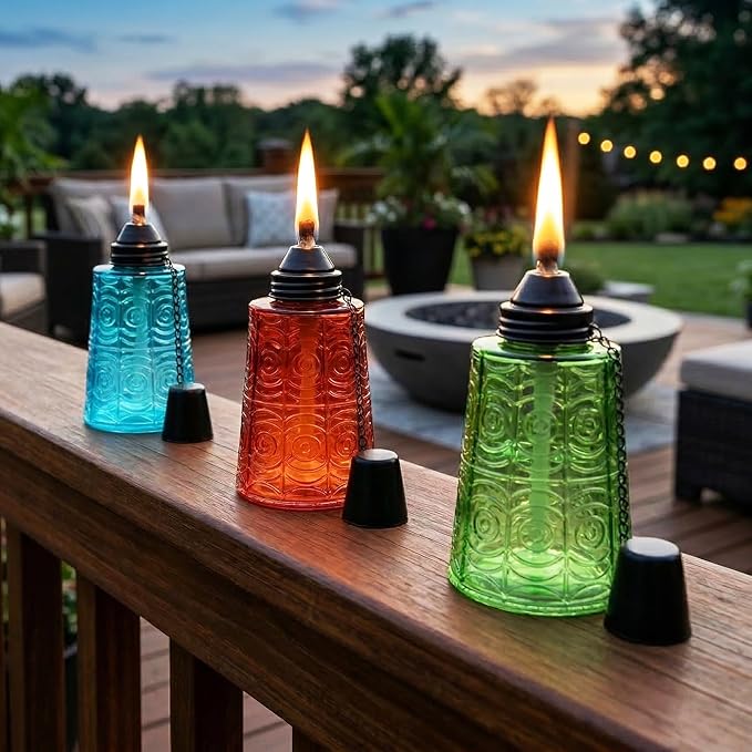 Seraphic Citronella Table Top Torches for Outdoor Patio, 16oz Decorative Glass Torch Citronella Candles for Outside Deck, Garden, Parties, Set of 3, Blue/Amber/Green