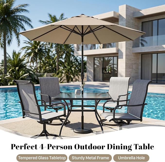 Outdoor Dining Table with Tempered Glass & 1.7" Umbrella Hole, 4 Person Patio Table for Garden Backyard Poolside