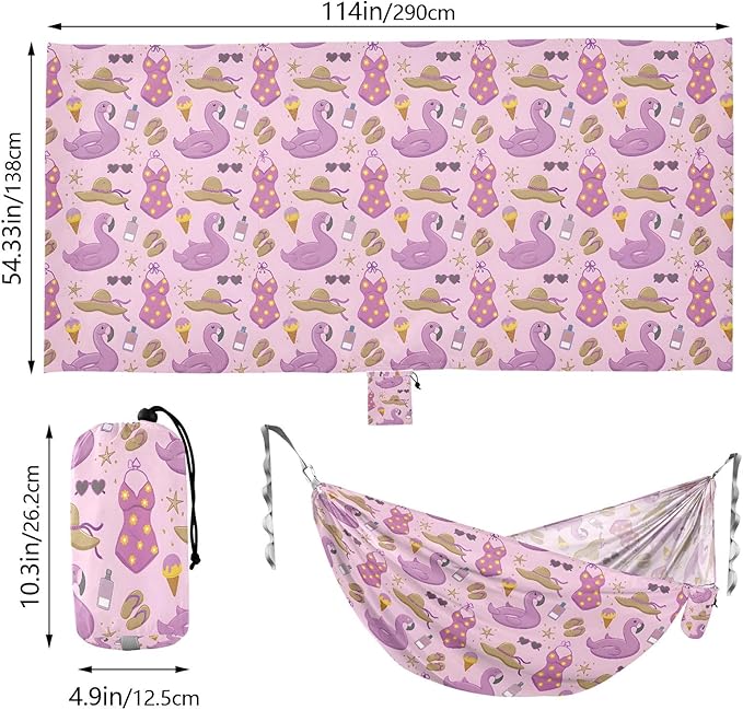 Camping Hammock Outdoor Hammocks for Outside Purple Flamingo Summer Beach Trees Portable Lightweight with Pockets Tree Straps Indoor