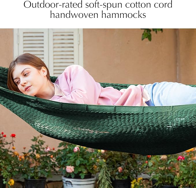 PNAEUT Handwoven Mayan Hammock, Thick Soft Rope Double Hammock for Outdoor Outside & Indoor, 600 lbs Capacity Heavy-Duty, Includes Tree Straps, Carabiners & Carrying Bag (Forest Green, X-Large)