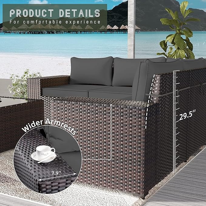 13 PCS Outdoor Patio Furniture Set,Outdoor Sectional Furniture with 43" 55000 BTU Gas Propane Fire Pit Table,All Weather PE Rattan Wicker Patio Conversation Set,Grey