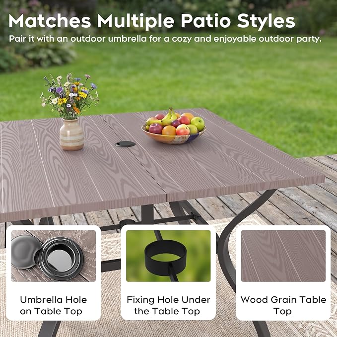 Outdoor Dining Table for 4-38" x 38" Matel Patio Table with E-Coated Finish, 1.6" Umbrella Hole for Garden, Backyard