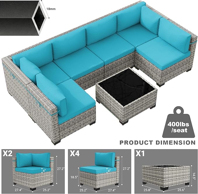 7-Piece Patio Furniture Set, Outdoor Sectional with Thick Cushions, Modular Patio Sofa, Dual-Strand Wicker Rattan, Rust-Resistant Frame, Backyard Furniture for Garden, Deck, Blue