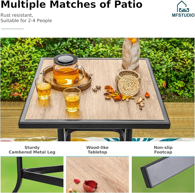 MFSTUDIO 39.3” Patio Bar Height Bar Table, with 27.5” Square PVC Wood Like Table Top for 2, All Weather Resistant Outdoor Table, Black and Brown