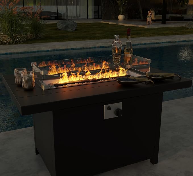 Aluminum Outdoor Patio Furniture Set,4 Pieces 5 Seats Patio Conversation Sets with 45" Propane Fire Pit Table,Metal Patio Sectional Furniture Set with Thick Cushion,Sand