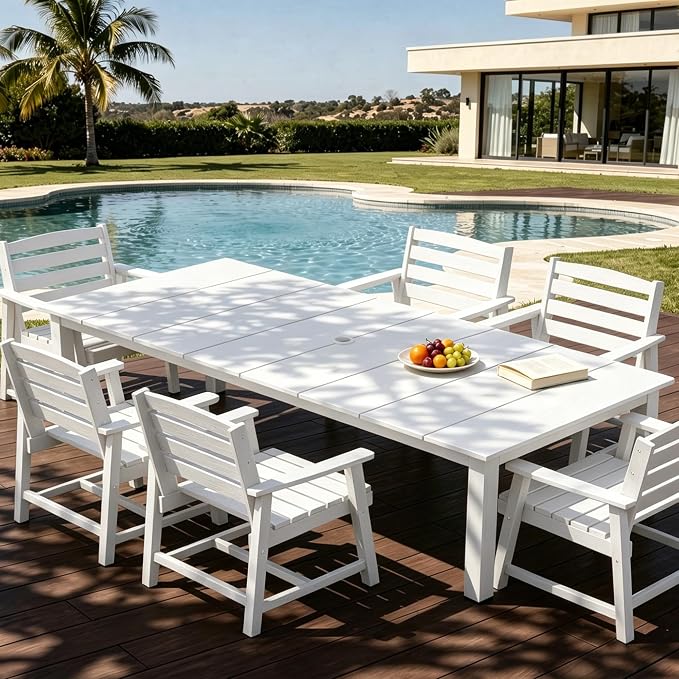 AreShark 7-Piece Outdoor Dining Set,HDPE Patio Table with 6 Chairs,All-Weather Patio Furniture Set with Umbrella Hole,Low Maintenance Wood Grain Dining Set for Backyard,Garden,Poolside,White