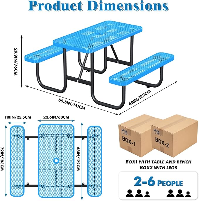 Ceridwen Heavy Duty Picnic Table with 2 Benches, Expanded Metal Steel Mesh Outdoor Patio Dining Table Bench Set with Umbrella Hole,Outdoor Patio Dining Table for Garden (Rectangular, Blue, 4FT)