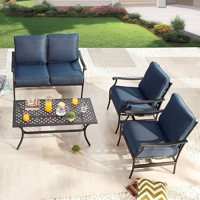 PatioFestival Patio Conversation Set 4 Pieces Cushioned Outdoor Furniture Sets with All Weather Frame for Porch Backyard Lawn (Navy-Blue)