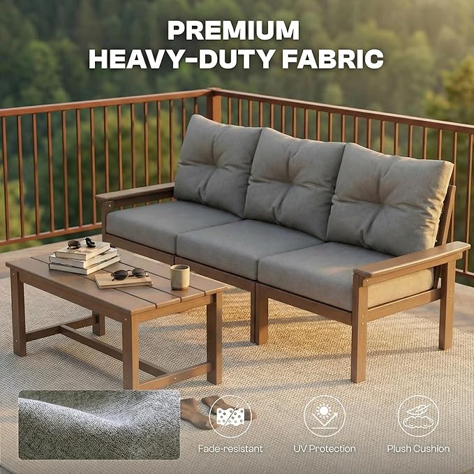 3 Piece Patio Furniture Set, All-Weather HDPE Outdoor Conversation Set with 2 Armchairs and 1 Side Table, Heavy Duty Porch Bistro Set for Garden & Balcony, Natural Teak