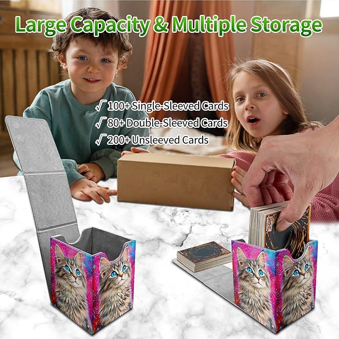 Deck Box for MTG, Cards Storage Box Fits 120+ Sleeved, Leather Medium Size Strong Magnetic Closing Card Case for Board Games Magic TCG CCG Baseball Collection, Cute Blue Eyed Cat