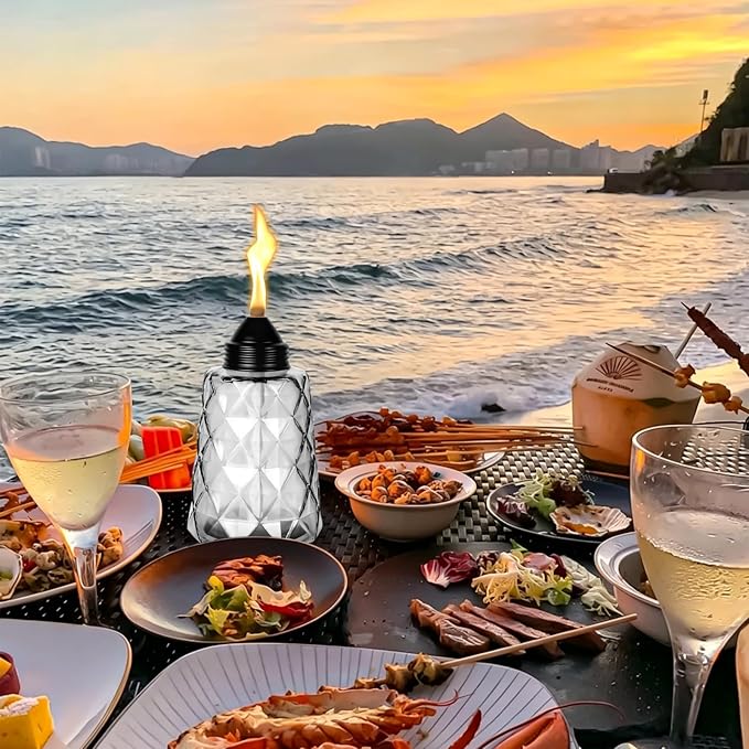 4-Pack Glass Tabletop Torches Outdoor, 12 oz Citronella Torches Canisters with Wick & Cap, for Patio, Backyard, Garden, Parties, Outside Deck (Black)