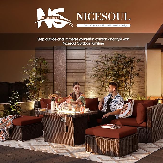 NICESOUL 15 Piece Outdoor Sectional with Fire Pit Table, Modern Luxury Patio Deep Seating w/Firepit, 29.3'' High-Back Wicker Couch Thick, Big High-Weight Capacity Sofa for Garden, Yard, Brown & Red