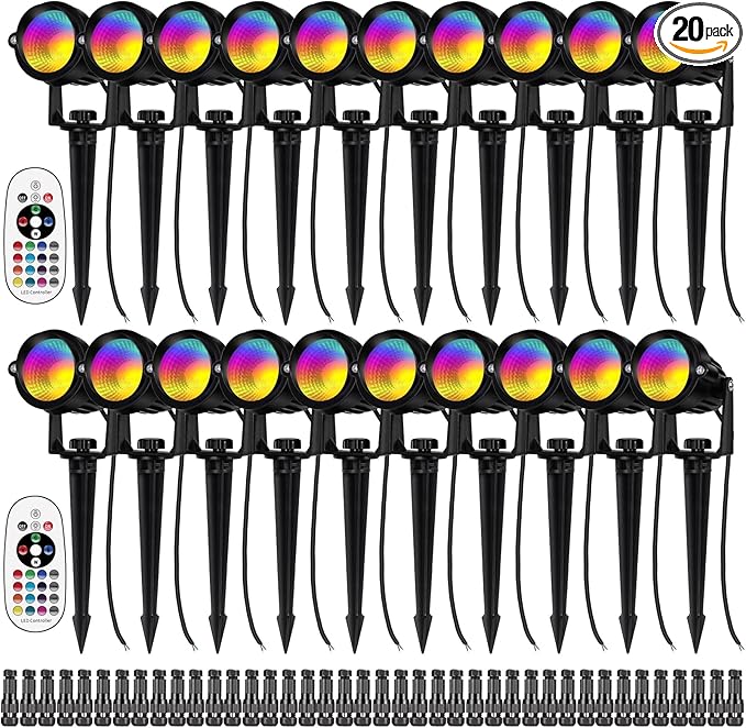12W RGB Color Changing Landscape Lights Low Voltage LED Landscape Lighting Remote Control Spotlight Waterproof Garden Pathway Christmas Decorative Lights Outdoor, 20 Pack with Connector