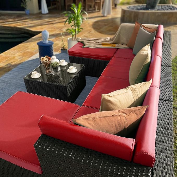 VITESSE 7 Pieces Patio Furniture Sectional Sets, Outdoor All Weather PE Rattan Wicker Lawn Conversation Sets, Garden Sofa Set with Coffee Table and Washable Cushion, 7 Pieces, Red