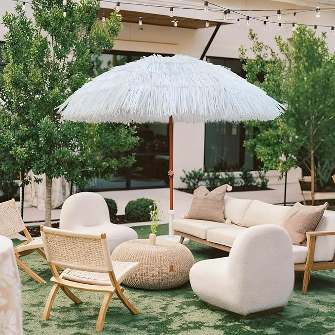 AMMSUN 7.5ft Hula Thatched Tiki Patio Beach Umbrella Hawaiian Style 10 Ribs UPF 50+ with Tilt Carry Bag for Outdoor Tiki Bar, Tropical Palapa, Patio Garden Beach Pool Backyard White