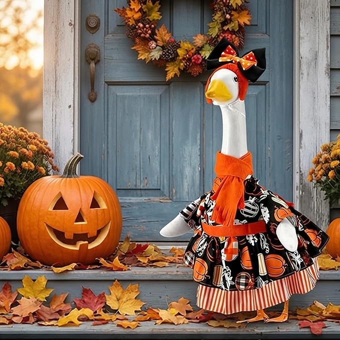 Halloween Porch Goose Outfit 23 Inch Porch Goose Clothes for Holiday | Pumpkin Dress Cape Witch Hat, Thanksgiving Goose Outfit, Christmas Goose Clothes, Holiday Costume for Lawn Geese Status