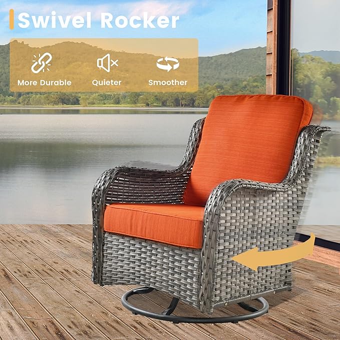HOOOWOOO Outdoor Patio Furniture Set with Fire Pit 10 Pieces Patio Set with Fire Pit Wicker Outdoor Furniture with Fire Pit Table Set Patio Conversation Set with Swivel Chairs,Orange Red