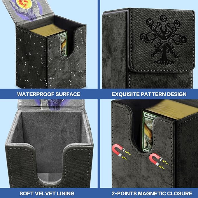 PROMAXIBINDER MTG Card Deck Box, Commander Deck Box Fits 100+ Single Sleeved Cards, Storage for TCG/MTG Crads, PU Leather Strong Magenet (Black, Tree)