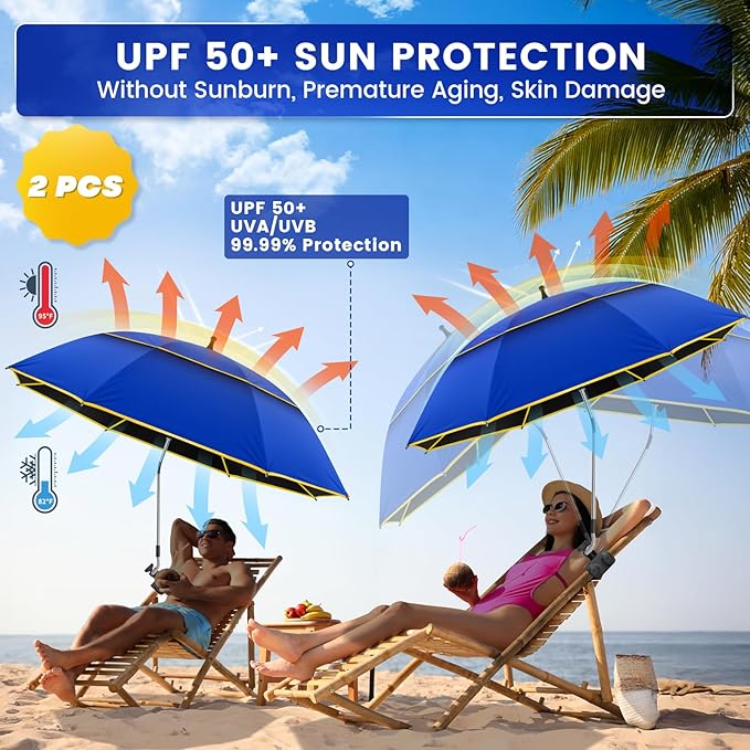 Chair Umbrella with Clamp,2PACK 53 inches Double Canopy Beach Chair Umbrella with Universal Clamp,50+ UV Protection,360° Swivel,Folding Clip on Sun Umbrellas for Table,Camping,Bench Chairs,Golf Cart