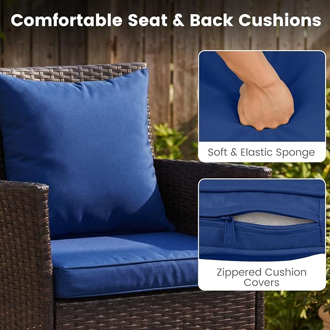 DORTALA Wicker Patio Furniture Set 3 Piece, Small Outdoor Table & Chairs with Tempered Glass Tabletop, Cushions, Rattan Conversation Bistro Set for Balcony, Porch, Backyard, Deck, Mix Brown+Navy