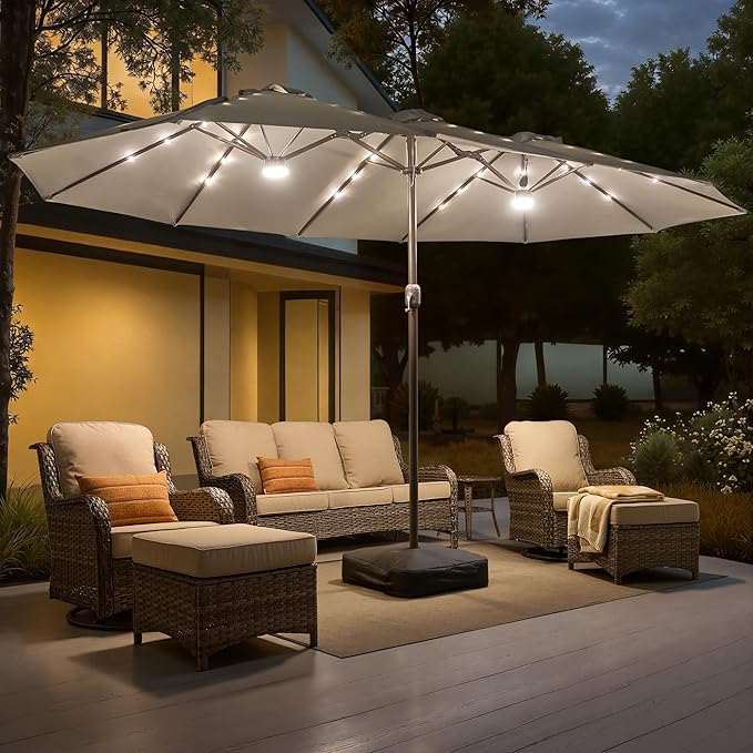 15ft Large Patio Umbrellas with Base & Solar Lights,Outdoor Rectangle Double-Sided Market Umbrella with Stand & 38 LED Lights,Outside Umbrellas for Poolside Deck Backyard (Light Grey)