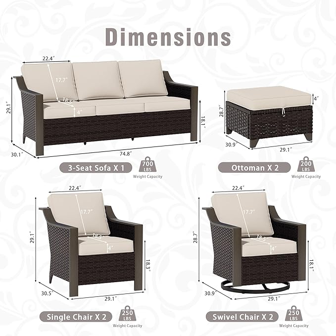 7 PCS Wicker Patio Conversation Set, All-Weather Use Outdoor 2 PE Rattan Swivel Chair, 2 PE Rattan Chair, 2 Ottoman, 1 Patio Sofa, Removable Water-Resistant Cushion, Beige