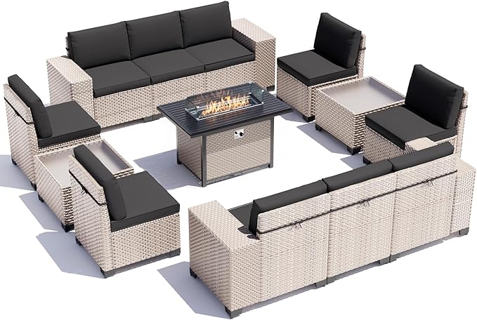 13 Pieces Patio Furniture Set with Fire Pit Table, Outdoor Sectional Wicker Sofa with Thickened Cushions and Coffee Table, High Back Rattan Patio Conversation Sets, Black