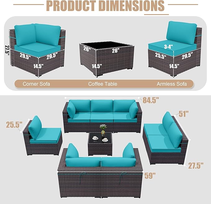 ALAULM 9 Pieces Patio Furniture Set Wicker Patio Conversation Set with 4 Corner Sofas, Outdoor Sectional Furniture w/Coffee Table & Washable Seat Cushions-Blue