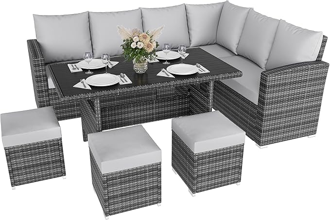 GAOMON Outdoor Patio Furniture Sets, PE Rattan Furniture Sectional Sofa Set with Storage Table, Patio Conversation Sets with Water-Repellent Cushions for Backyard, Deck, Poolside (9 Seat Gray/Gray)