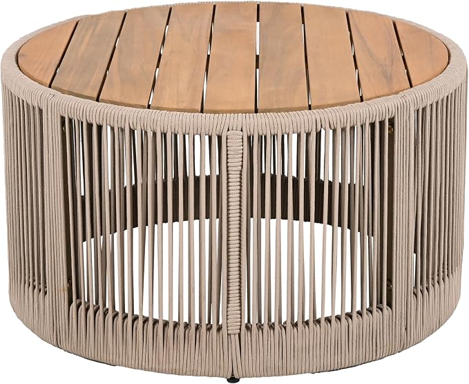 26" Outdoor Rustic Coffee Table,Rattan Rope & Acacia Wood Center Table with Round Top & Iron Frame, Easy Assembly, Versatile Weather-Resistant Patio Furniture for Garden, Yard, Balcony, Beige Teak