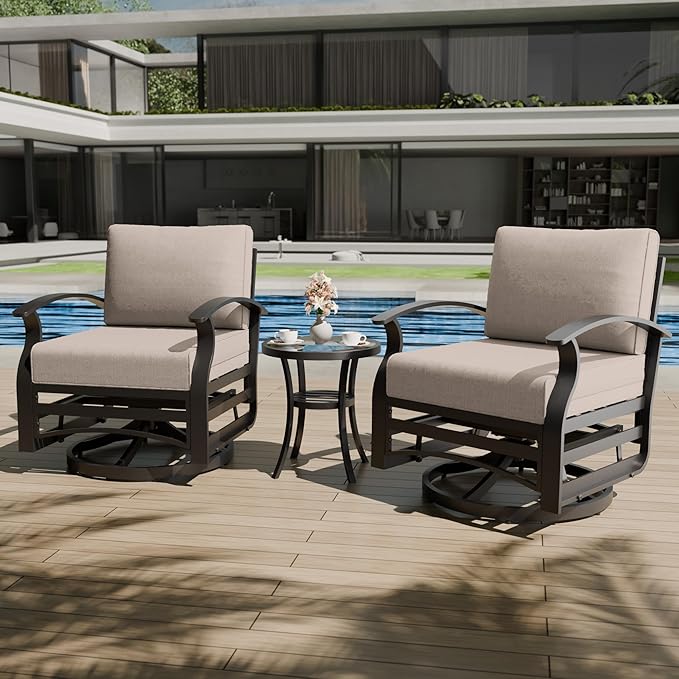 3 Piece Aluminum Swivel Rocking Chair Set, Outdoor Patio Swivel Gliders Chair with Glass Top Coffee Table, Conversation Furniture Set Suitable for Patio, Lawn, Outdoor, Back Garden(Brown)